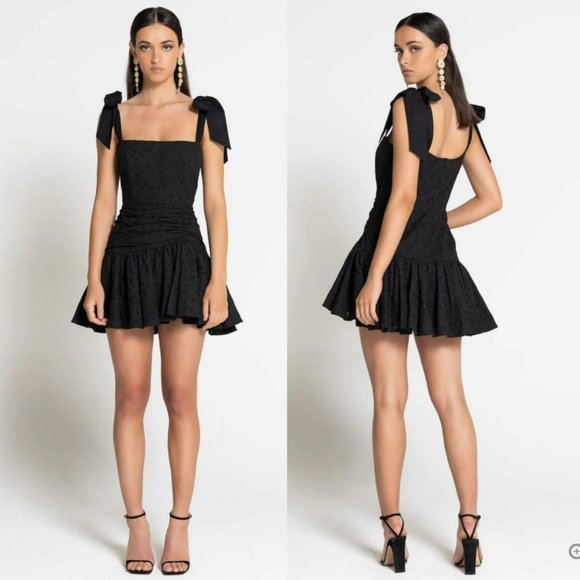 Sofia the Label Black Eyelet Mini Dress Bow Strap Daisy Cocktail Wedding Girly - Picture 2 of 13